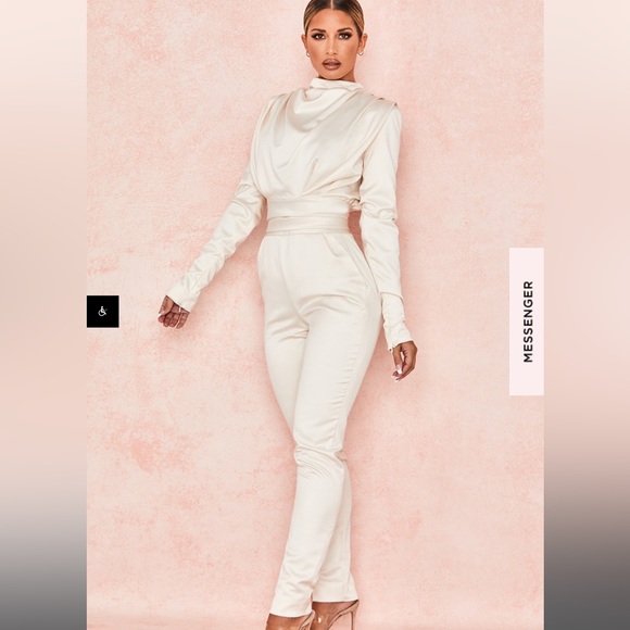 House of CB Gabrielle Ivory Draped Ruched Satin Jumpsuit - Picture 7 of 12